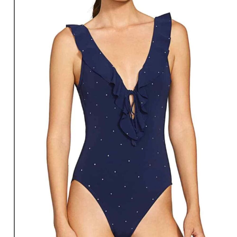 Robin Piccone Jennie Plunge Polka Dot One Piece Swimsuit Navy Blue Women's Sz 12